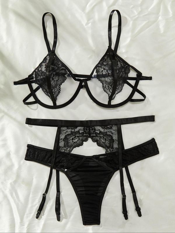  Contrast Lace Cut Out Bra & Thong & Garter Belt Set, Sexy Lingerie Three-Piece Set, Women's Nightwear Set for All Seasons