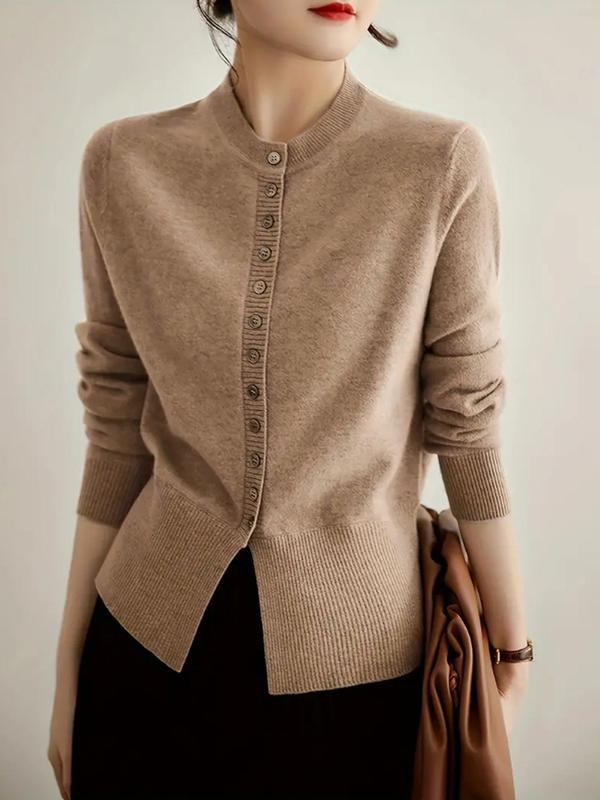 Women's Solid Button Front Cardigan, Casual Long Sleeve Round Neck Cardigan for Spring & Fall, Fashion Women's Knit Clothing for Daily Wear