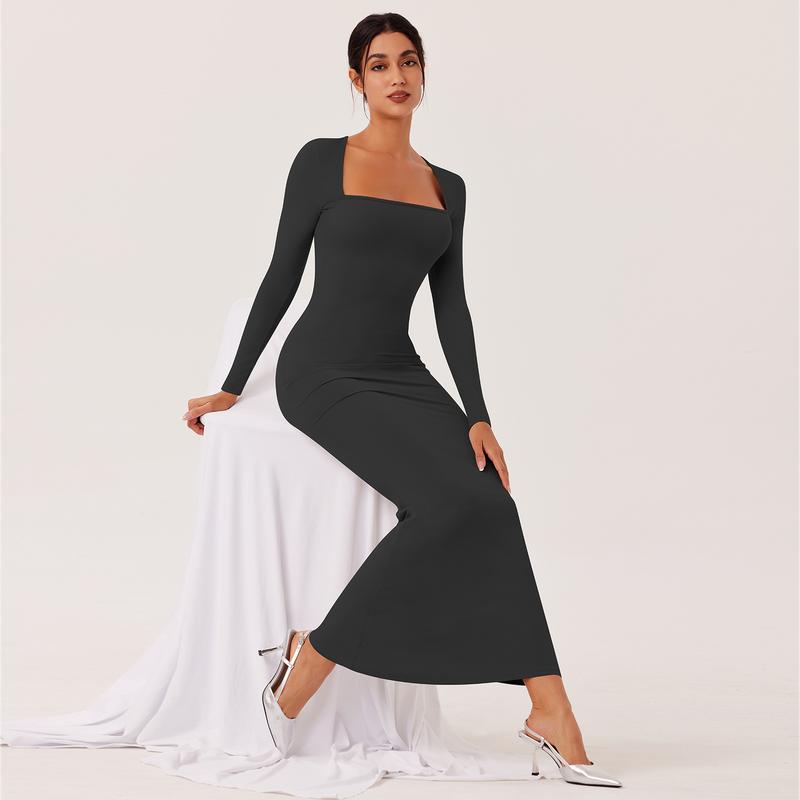 REORIA Women's Sexy Square Neck Long Sleeve Bodycon Maxi Dress Casual Ribbed Soft Lounge Dresses