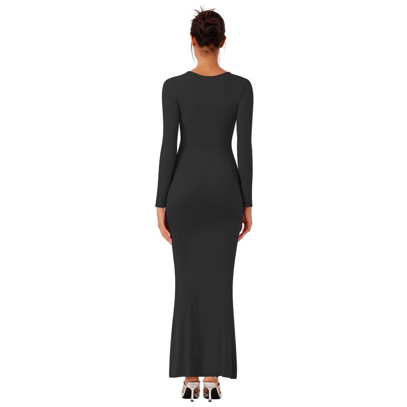 REORIA Women's Sexy Square Neck Long Sleeve Bodycon Maxi Dress Casual Ribbed Soft Lounge Dresses