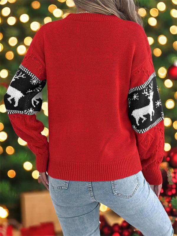 Women's Christmas Reindeer Print Drop Shoulder Sweater Pullover, Casual Long Sleeve Round Neck Jumper for Fall & Winter, Fashion Ladies' Knitwear for Daily Wear