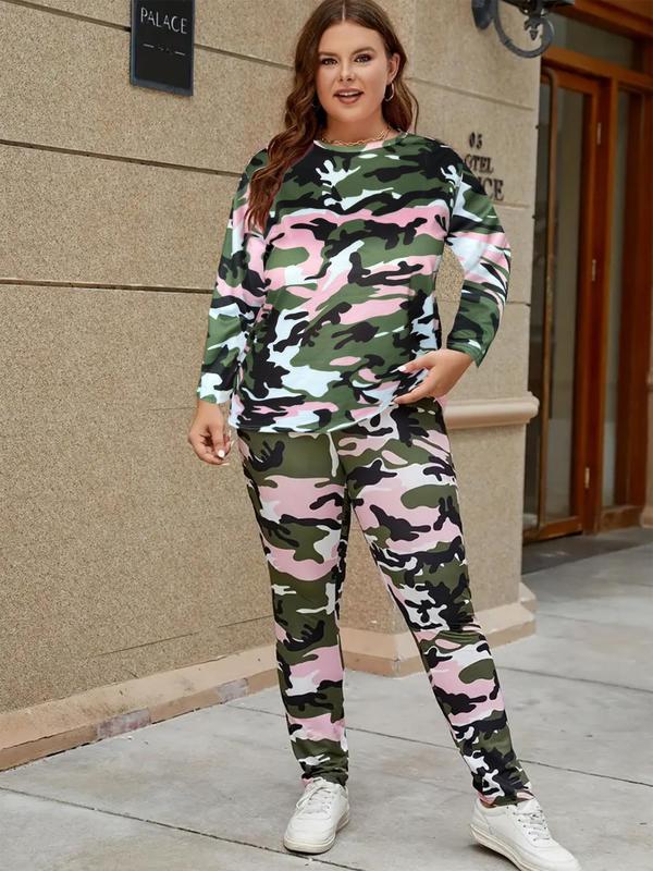  Two-Piece Set All Over Camo Print Drop Shoulder Tee & Elastic Waist Pants Set, Casual Fashion Cozy Breathable Outfits for Daily Outdoor Wear, Women Clothing for All Seasons