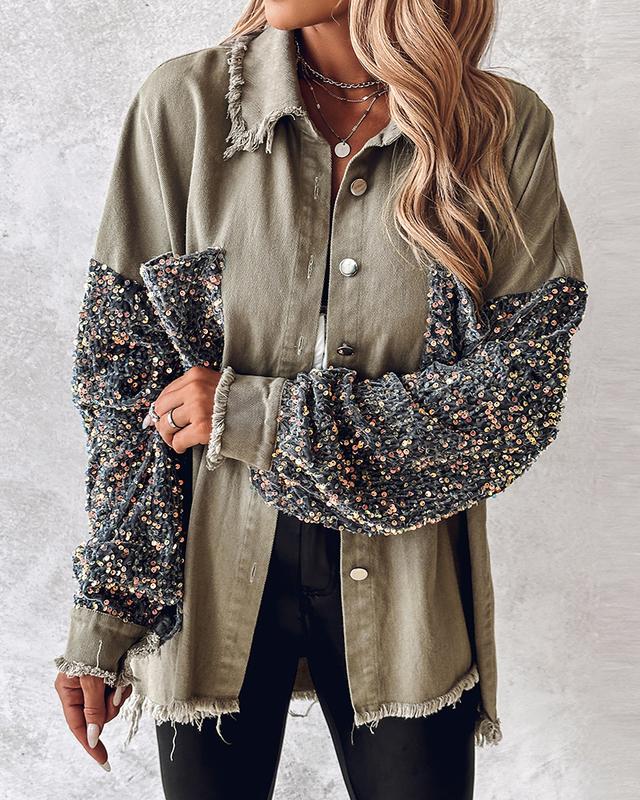 Chicme Contrast Sequin Raw Hem Shacket luxury outerwear sequins hacket Collar Collared Women's Corduroy plaid  shirt Women's Double Button Lapel Coat