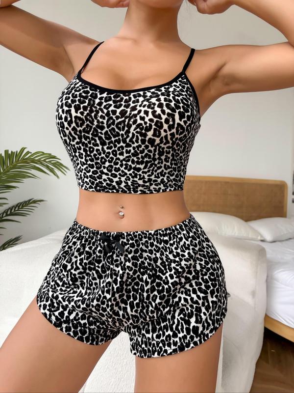 Women's Leopard Print Contrast Binding Crop Cami Top & Elastic Waist Shorts Pyjama Two-Piece Set, Adjustable Spaghetti Strap Camisole & Bow Decor Shorts PJ Set, Casual Comfortable Loungewear Set for Women, Fall Wear, Fallfreshness