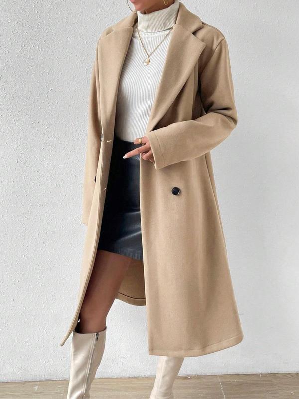 Women's Solid Double Button Lapel Woolen Coat, Casual Long Sleeve Coat for Fall & Winter, Women's Clothing for Daily Wear