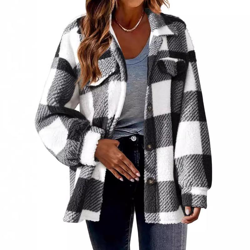 Women's 2024 New Autumn and Winter Plaid Lambswool Jacket with Pockets Button Plush Coat