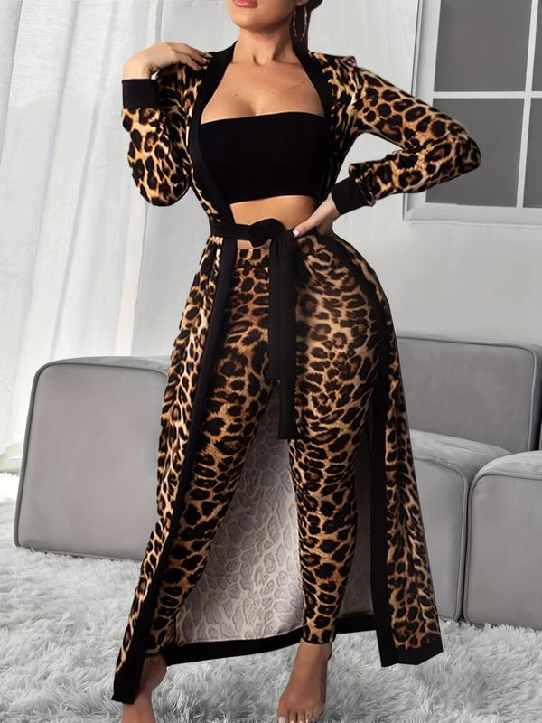 Women's Leopard Print Tube Top & Pants & Long Sleeve Belted Outerwear Loungewear Set, Casual Comfy Pyjama Set for Women, Ladies Fall & Winter Sleepwear, Fall Wear, Earthtone Fallfreshness