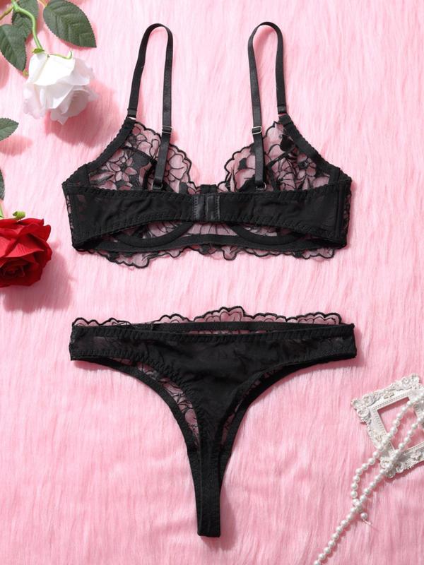 Women's Floral Embroidery Sheer Lace Bra & Thong Sexy Teddy Lingerie Set, Adjustable Strap Backless Bra & Panty Teddy Lingerie Set, Lingerie Set for Women