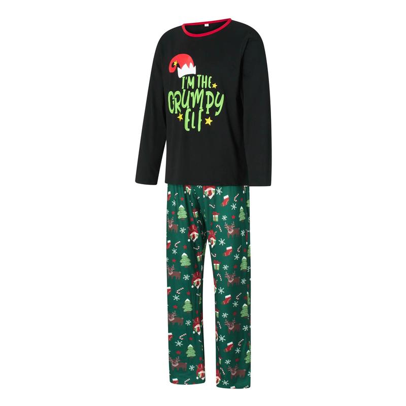 Matching Christmas Pajamas For Family Long Sleeve Cartoon Elf Hat Print Tops + Cartoon Pants Set Winter Sleepwear