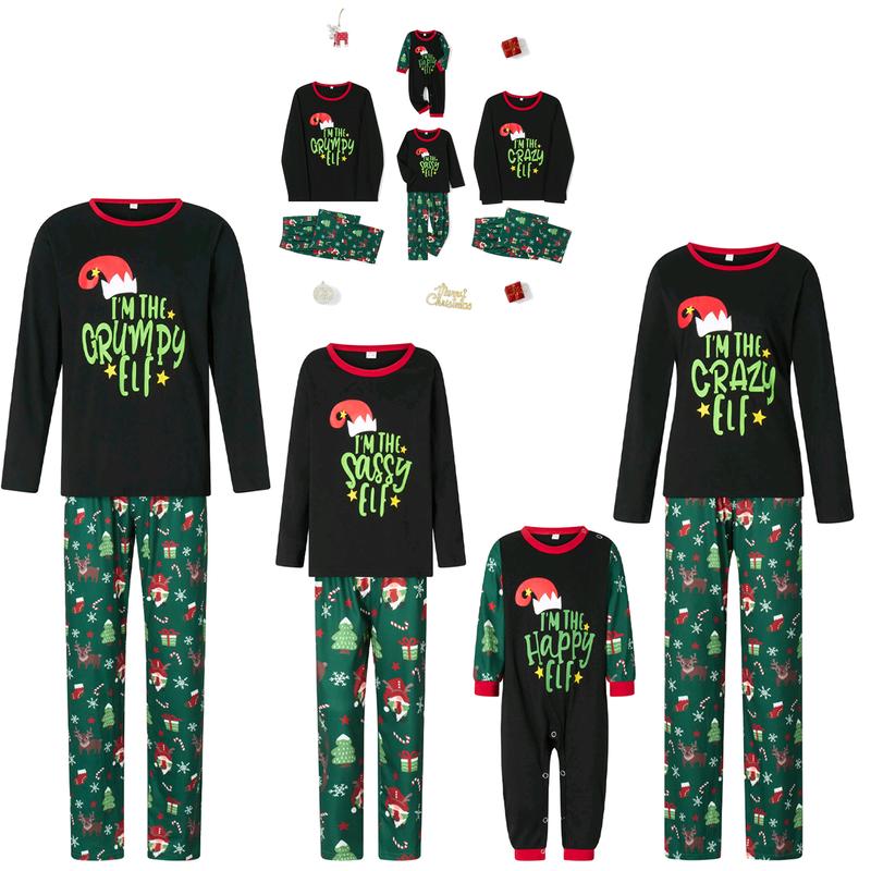 Matching Christmas Pajamas For Family Long Sleeve Cartoon Elf Hat Print Tops + Cartoon Pants Set Winter Sleepwear