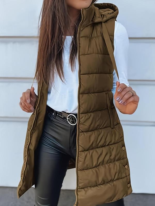  Women's Solid Drawstring Pocket Zip Up Hooded Vest Coat, Casual Sleeveless Thermal Outerwear for Fall & Winter, Women's Clothes for Daily Wear