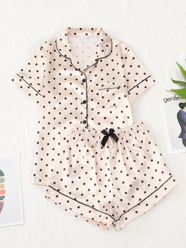 Women's Polka Dot Print Bow Decor Pyjama Set, Summer Clothes Women, Soft Satin Button Front Top & Elastic Waist Bottoms PJ Sets, Lounge Co-ord Set