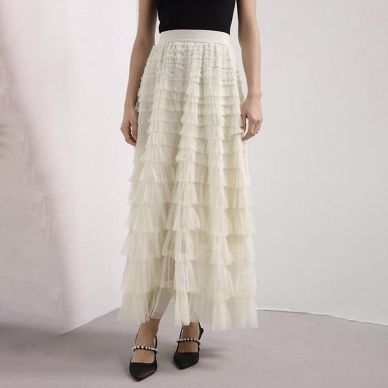 Tulle Long Skirt for Women Layered Ruffle Tutu Skirt Elastic Tiered Pleated Mesh A-Line Midi Skirts Prom Wedding