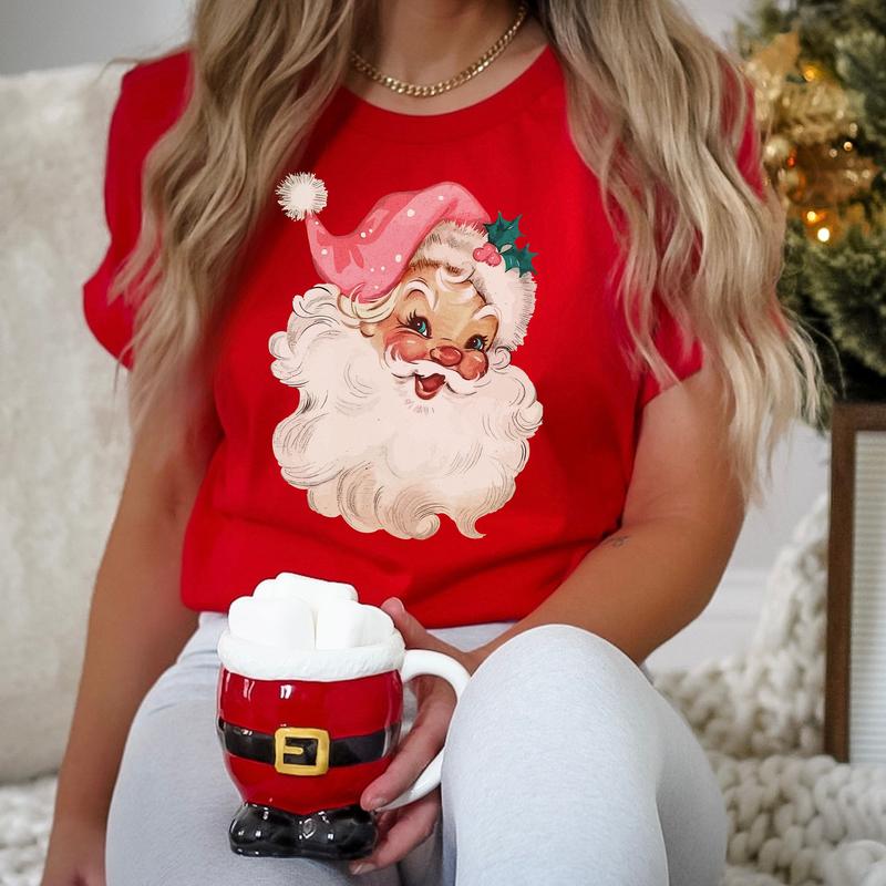 Pink Santa Retro Christmas Sweatshirt for Women Pink Christmas Matching Family Sweaters Pink Vintage Holiday Crewneck Matching Group Party Cotton Fabric