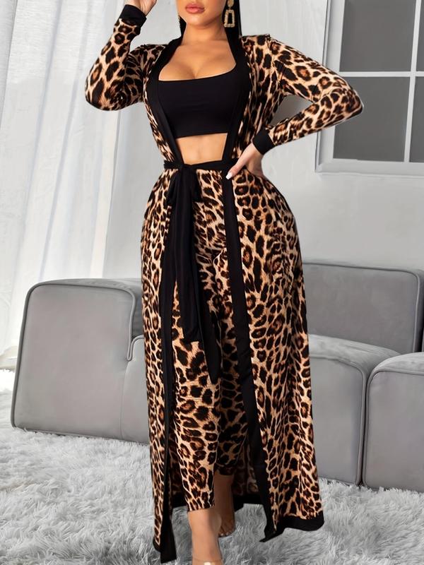 Women's Leopard Print Tube Top & Pants & Long Sleeve Belted Outerwear Loungewear Set, Casual Comfy Pyjama Set for Women, Ladies Fall & Winter Sleepwear, Fall Wear, Earthtone Fallfreshness