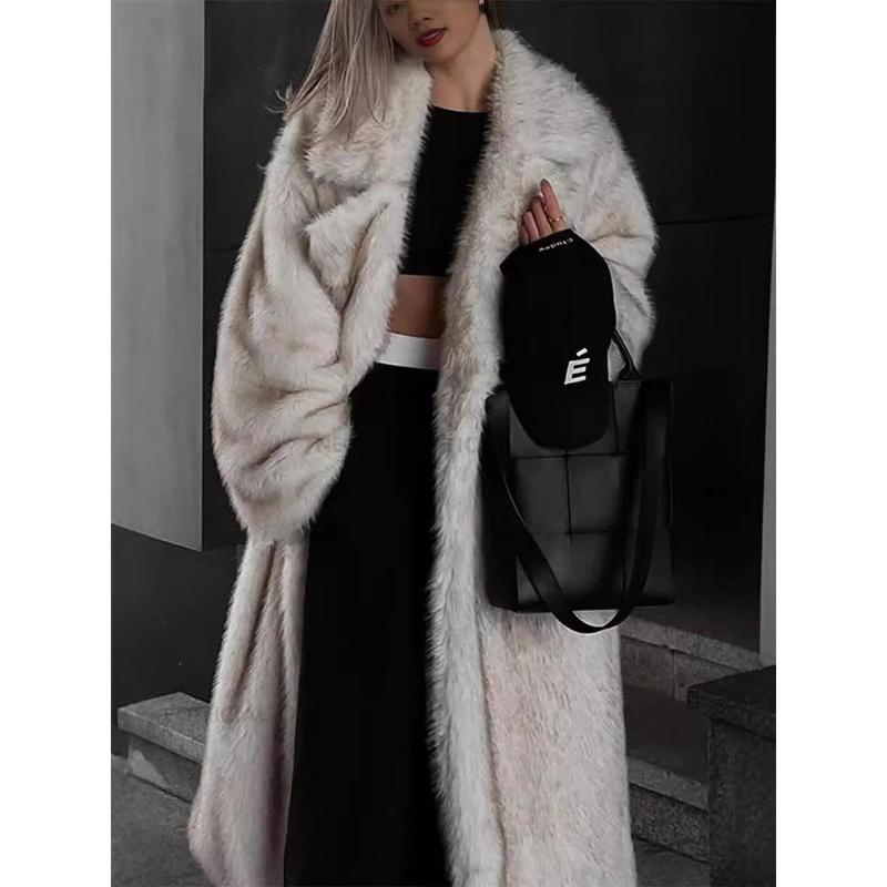 New Faux Fur Coat Women's Loose Collar Suit Extended  Coat Street Style Environmentally Friends Fur Womenswear Jackets Minimalist Long Sleeve Outerwear Tops Comfort Basic Crewneck Fitted