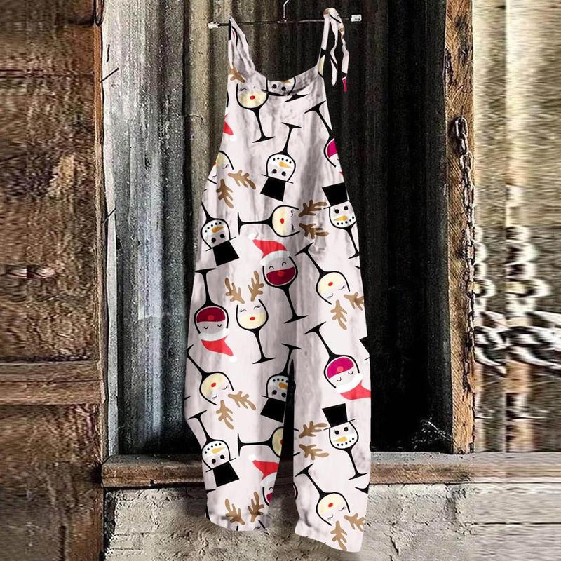 Women's Christmas Snowman Print Adjustable Strap Jumpsuit Wide Leg Rompers Loose Casual Bib Overalls Strappy Dungarees Onesie