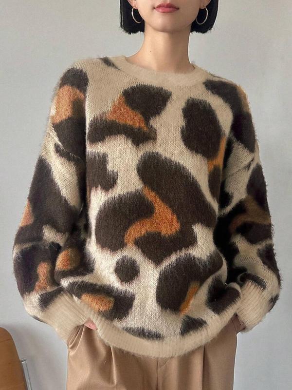 Women's Leopard Print Drop Shoulder Sweater, Casual Long Sleeve Round Neck Jumper for Fall & Winter, Fashion Ladies' Knitwear for Daily Wear