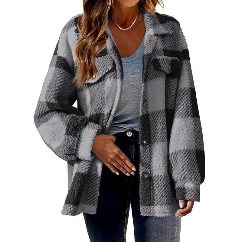 Women's 2024 New Autumn and Winter Plaid Lambswool Jacket with Pockets Button Plush Coat