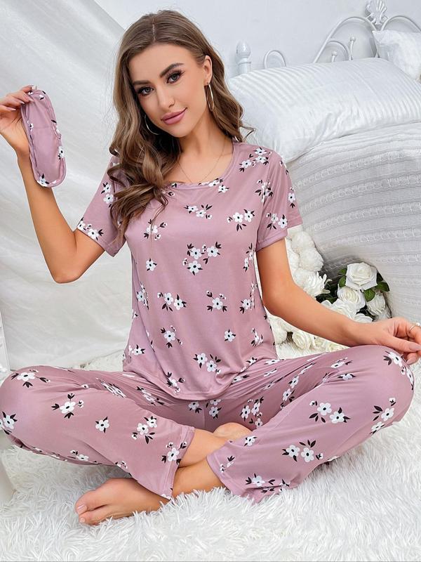 2 4 6 Counts Women's Floral Print Tee & Elastic Waist Pants Pyjama Set With Eye Cover, Casual Round Neck Short Sleeve T-Shirt & Trousers PJ Set, PJ Sets for Women, Women's Sleepwear & Loungewear, Ladies PJ Co-ord Set