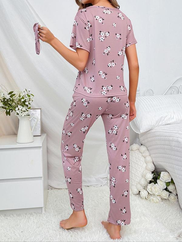 2 4 6 Counts Women's Floral Print Tee & Elastic Waist Pants Pyjama Set With Eye Cover, Casual Round Neck Short Sleeve T-Shirt & Trousers PJ Set, PJ Sets for Women, Women's Sleepwear & Loungewear, Ladies PJ Co-ord Set