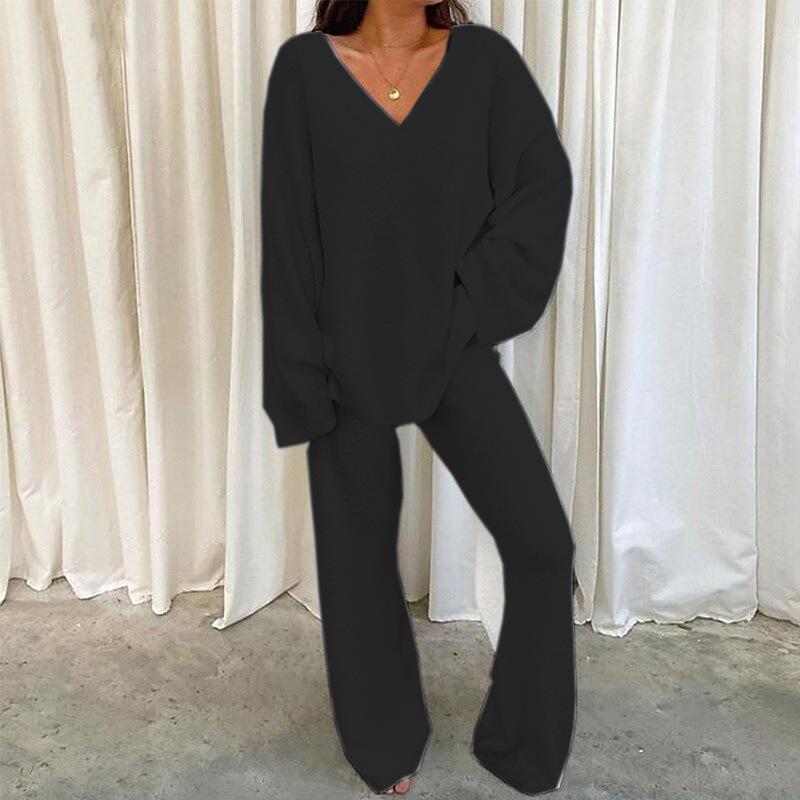 2024 New Arrival Hot Sale Winter Comfortable Solid Color V-neck Casual Daily Home Warm Two-Piece Suit Womenswear Clothing