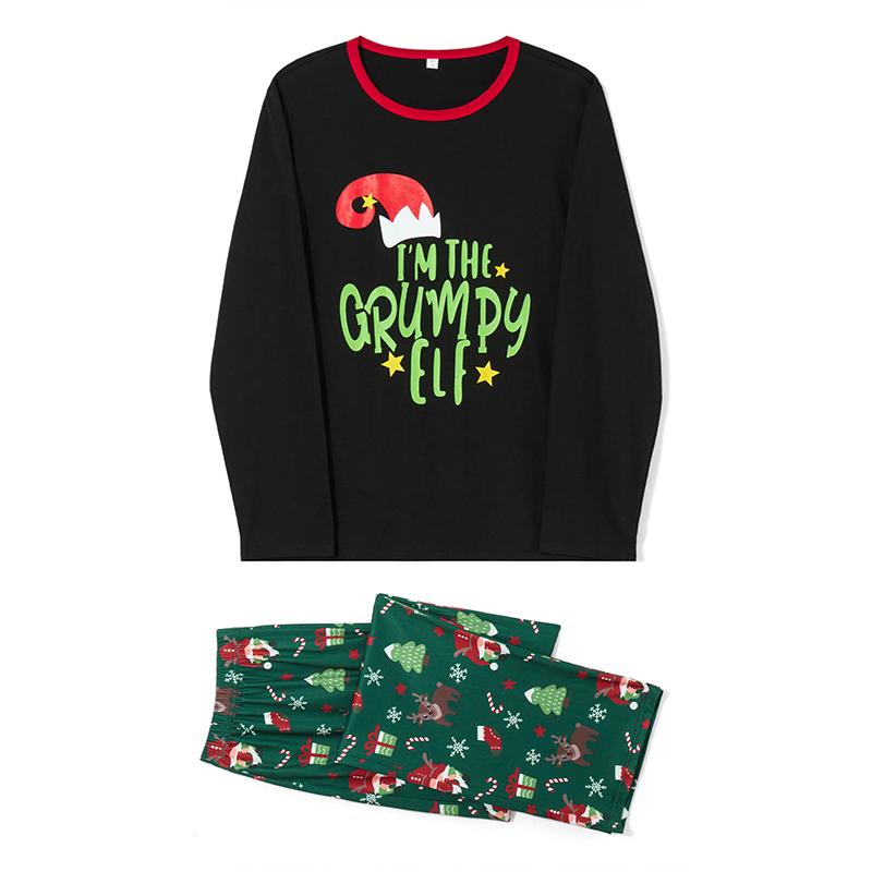 Matching Christmas Pajamas For Family Long Sleeve Cartoon Elf Hat Print Tops + Cartoon Pants Set Winter Sleepwear