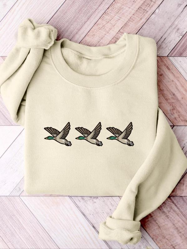 Women's Duck Print Drop Shoulder Pullover, Casual Long Sleeve Crew Neck Sweatshirt for Fall & Winter, Women's Clothes for Daily Wear