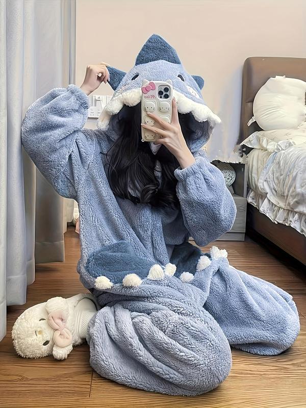 Women's Cartoon Shark Design Pocket Drop Shoulder Plush Loungewear Onesie, Casual Cute Long Sleeve Hooded Pj Onesie for Fall & Winter,  Women Nightwear, Night Gown for Women, Lady's Sleepwear for Indoor Wear, 90s Clothes Onesies Pajama