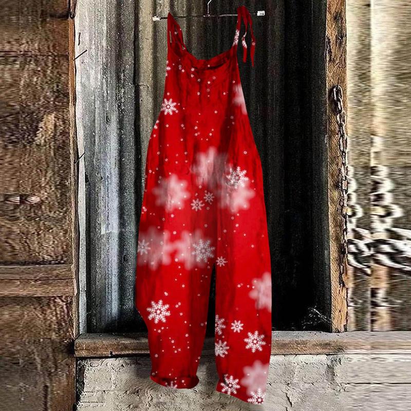 Women's Christmas Snowman Print Adjustable Strap Jumpsuit Wide Leg Rompers Loose Casual Bib Overalls Strappy Dungarees Onesie