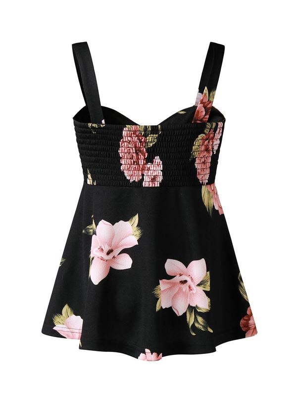 Women's Floral Print Shirred Back Tie Front Vintage Cami Top, Casual Elegant Sweetheart Neck Sleeveless Top for Summer, Ladies Clothes for Holiday Vacation Daily Wear, Going Out Tops, Summer Outfits 2024, Tank Tops for Women