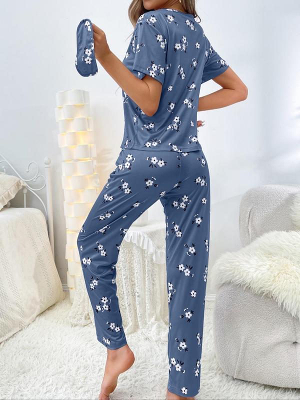 2 4 6 Counts Women's Floral Print Tee & Elastic Waist Pants Pyjama Set With Eye Cover, Casual Round Neck Short Sleeve T-Shirt & Trousers PJ Set, PJ Sets for Women, Women's Sleepwear & Loungewear, Ladies PJ Co-ord Set