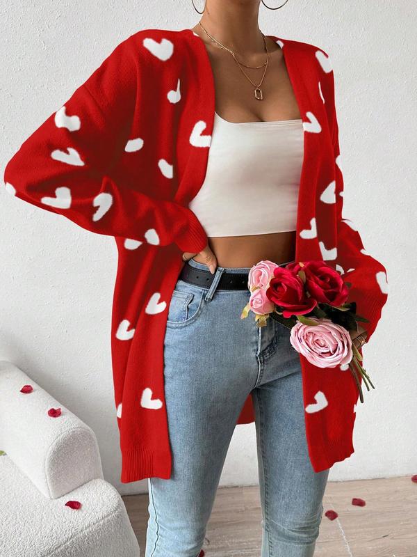 Women's Heart Print Drop Shoulder  Cardigan, Casual Open Front Long Sleeve Knitwear for Fall & Winter, Fashion Ladies' Knit Clothing for Daily Wear