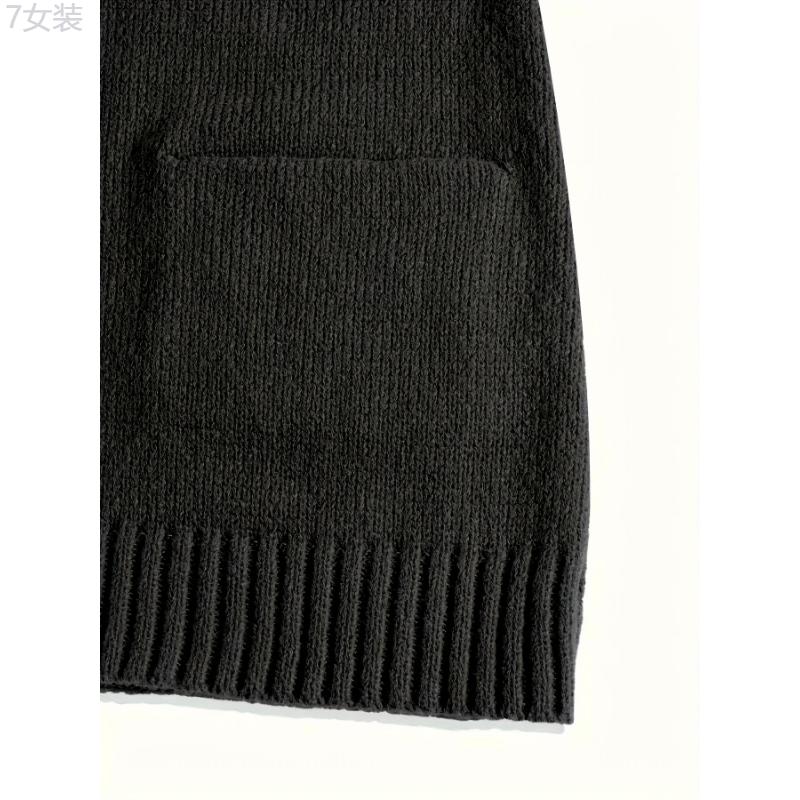 Plus Size Solid Pocket Knitted Vest, Casual V Neck Sleeveless Top For Spring & Fall, Women's Plus Size Clothing Collar Fabric