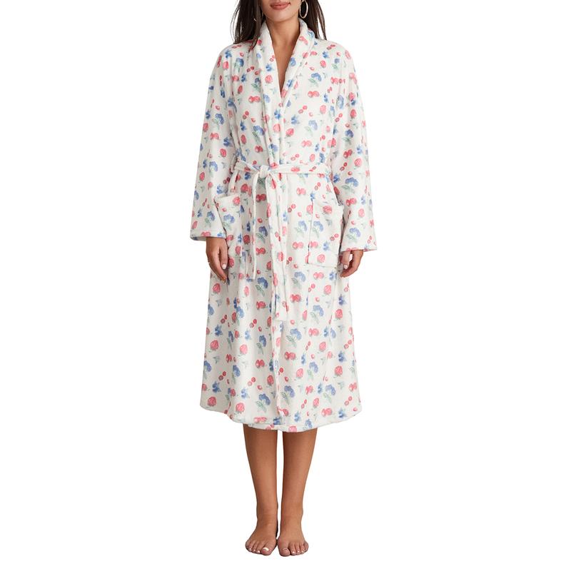 Women Y2k Fruit Robe Fleece Shawl Collar Bathrobe with Belt Cozy Spa Long Robe Open front Nightgown Loungewear