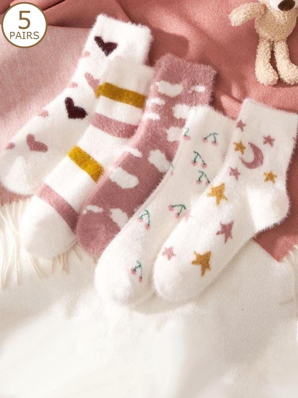 Women's Random Color Heart & Striped Print Fuzzy Socks, Cute Thicker Warm Mid-Calf Socks for Fall & Winter, Women's Socks for Daily Wear