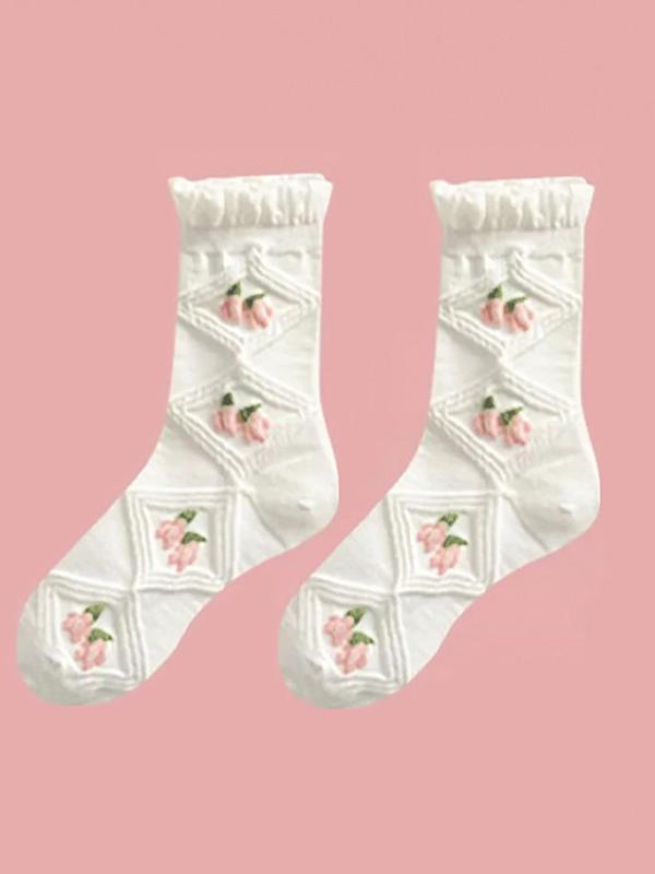 Women's 5 Pairs Elegant Style Floral Detail Frill Trim Crew Socks, Womenswear Fashion Casual Chic Comfort Socks for Daily Outdoor Wear, Lady Socks for All Seasons