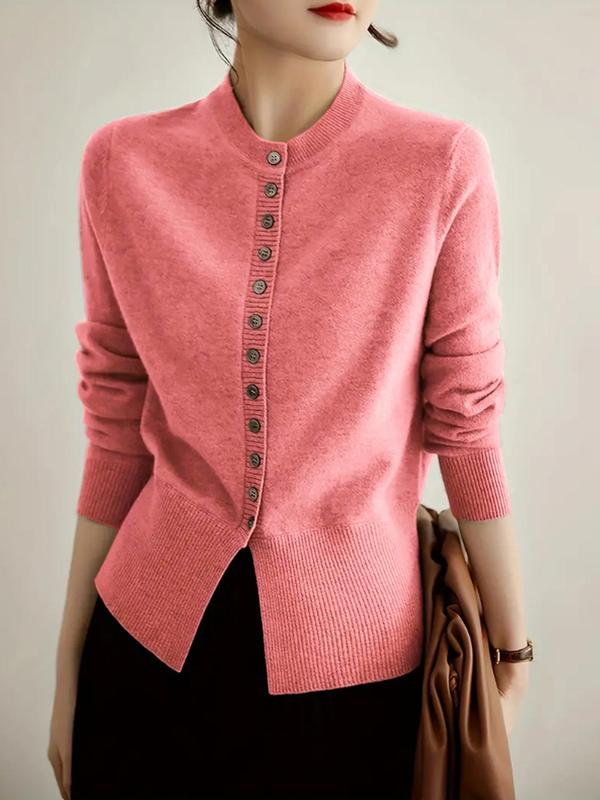 Women's Solid Button Front Cardigan, Casual Long Sleeve Round Neck Cardigan for Spring & Fall, Fashion Women's Knit Clothing for Daily Wear