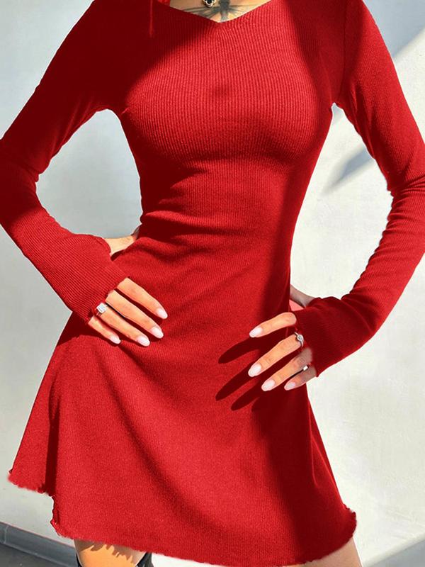 Women's Plain Lace Up Tie Back Ribbed Dress, Casual Long Sleeve Round Neck A Line Short Dress for Spring & Fall, Women's Clothing for Daily Wear