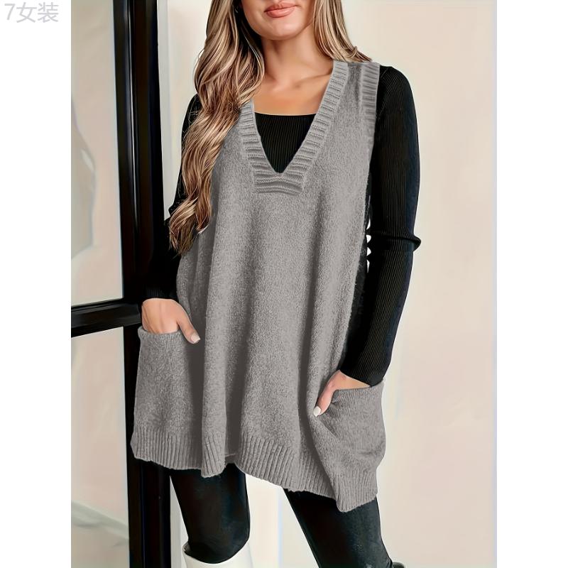 Plus Size Solid Pocket Knitted Vest, Casual V Neck Sleeveless Top For Spring & Fall, Women's Plus Size Clothing Collar Fabric