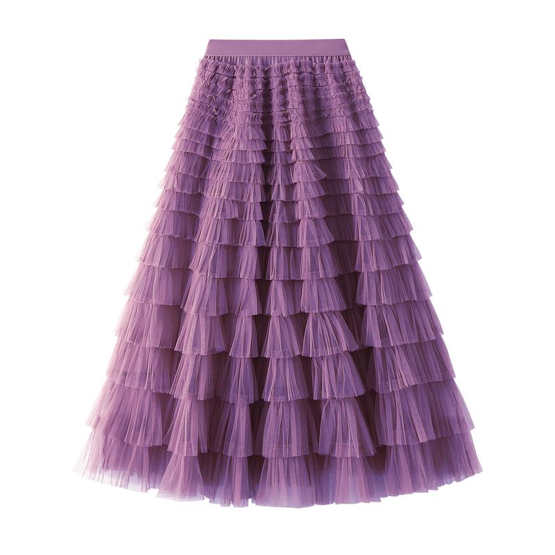 Tulle Long Skirt for Women Layered Ruffle Tutu Skirt Elastic Tiered Pleated Mesh A-Line Midi Skirts Prom Wedding