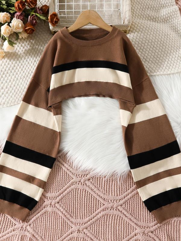 Women's Striped Print Super Crop Sweater, Casual Extra-long Sleeve Crew Neck Jumper, Going Out Outfits 2024, This sweater is recommended to be paired with camisole or any other inner top.