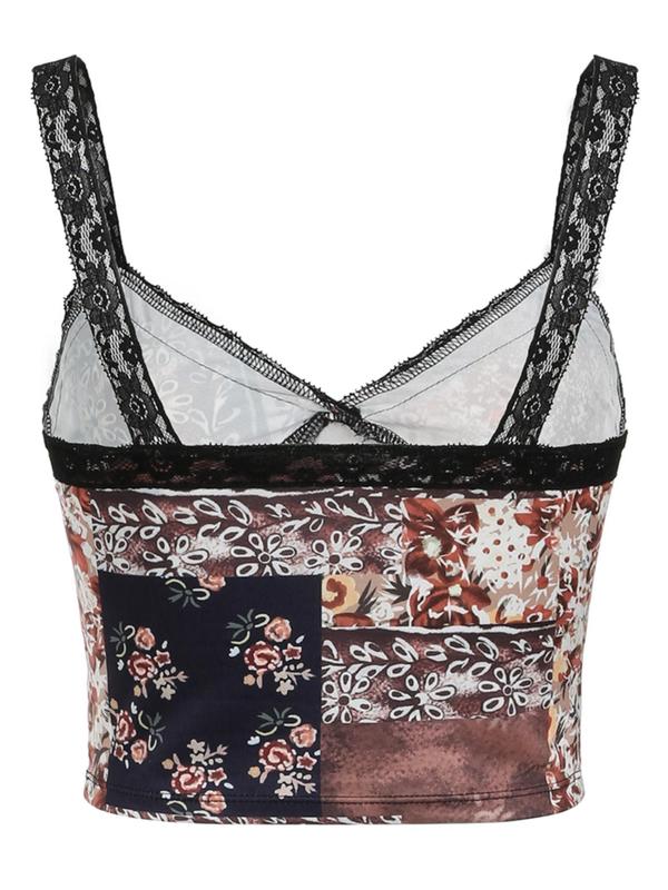 Women's Patchwork Floral Print Contrast Lace Crop Cami Top, Retro Fashion Casual Sweetheart Neck Sleeveless Top for Daily Outdoor Wear, Ladies Clothes for Summer