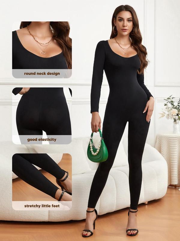 Women's Solid Scoop Neck Long Sleeve Shapewear Jumpsuit, Casual Comfy Bodycon Jumpsuit, Tummy Control Skinny Jumpsuit for Spring & Fall