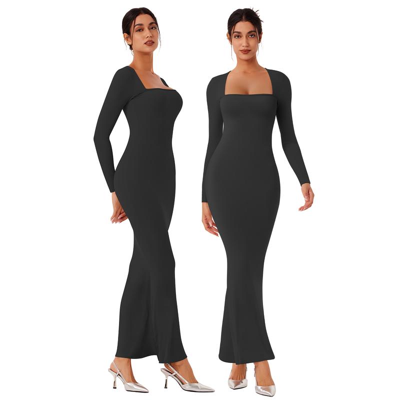 REORIA Women's Sexy Square Neck Long Sleeve Bodycon Maxi Dress Casual Ribbed Soft Lounge Dresses