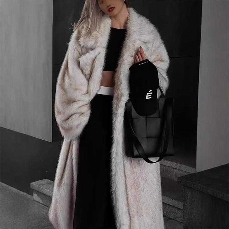 New Faux Fur Coat Women's Loose Collar Suit Extended  Coat Street Style Environmentally Friends Fur Womenswear Jackets Minimalist Long Sleeve Outerwear Tops Comfort Basic Crewneck Fitted