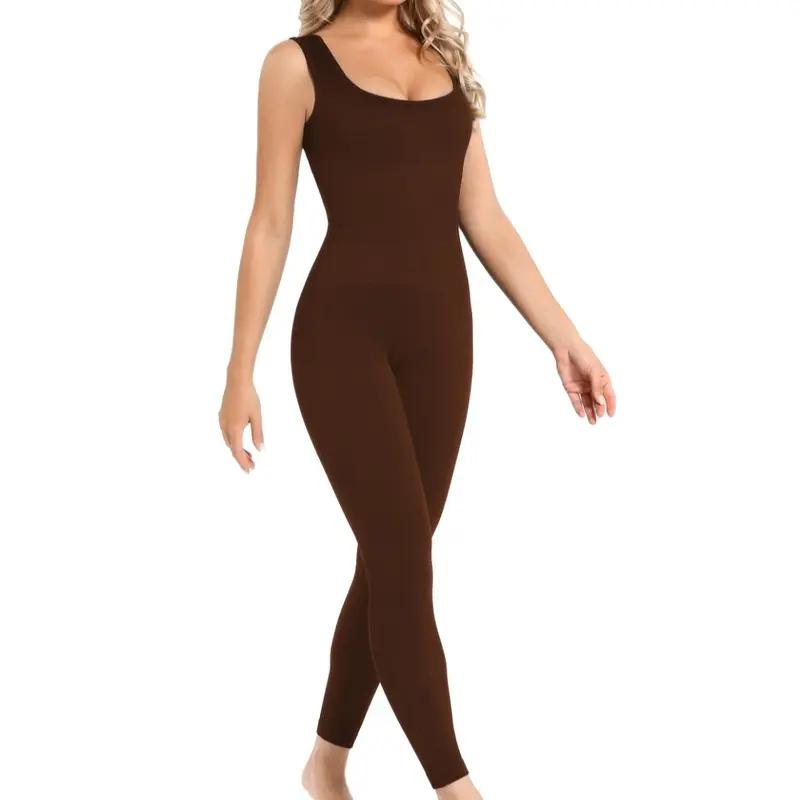 Women's comfortable sleeveless ribbed body shaping jumpsuit, tummy control square neck, backless butt lift, slim fit solid color jumpsuit, women's tops, underwear, simple basic style Bodysuit Soft Womenswear Fashion