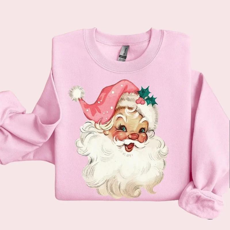 Pink Santa Retro Christmas Sweatshirt for Women Pink Christmas Matching Family Sweaters Pink Vintage Holiday Crewneck Matching Group Party Cotton Fabric