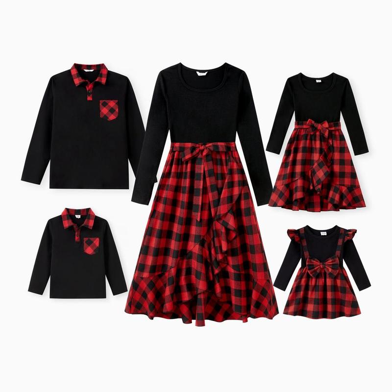 PatPat Matching Family Outfits Black and Red Plaid Co-ord Sets Hi-Low Flowy Hemline