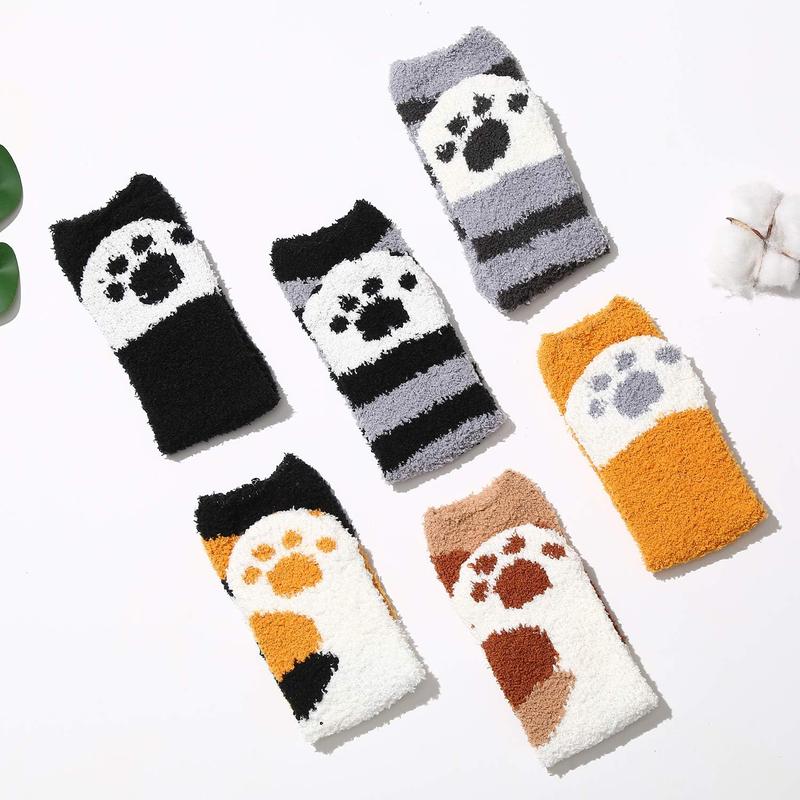 6 Pairs Cute Cat Paw Socks Women Winter Fuzzy Cozy Plush Slipper Socks